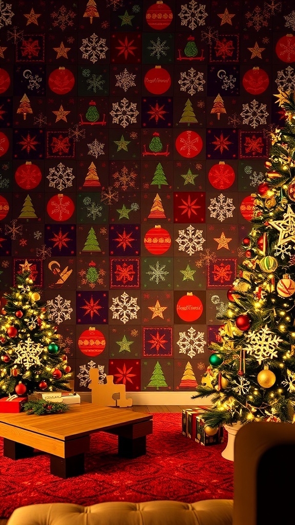 Colorful 90s Christmas wallpaper with snowflakes and trees in a cozy living room.